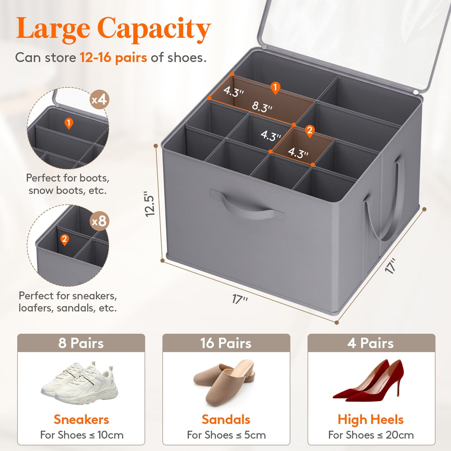 Shoe Storage Organizer with Clear Cover – Foldable Shoe Box for Closet, Fits 12-16 Pairs, Reinforced Handles, Dust-Proof Non-Woven Fabric, Space-Saving Stackable Design for Boots Heels Sneakers, 1/2/3 Pack
