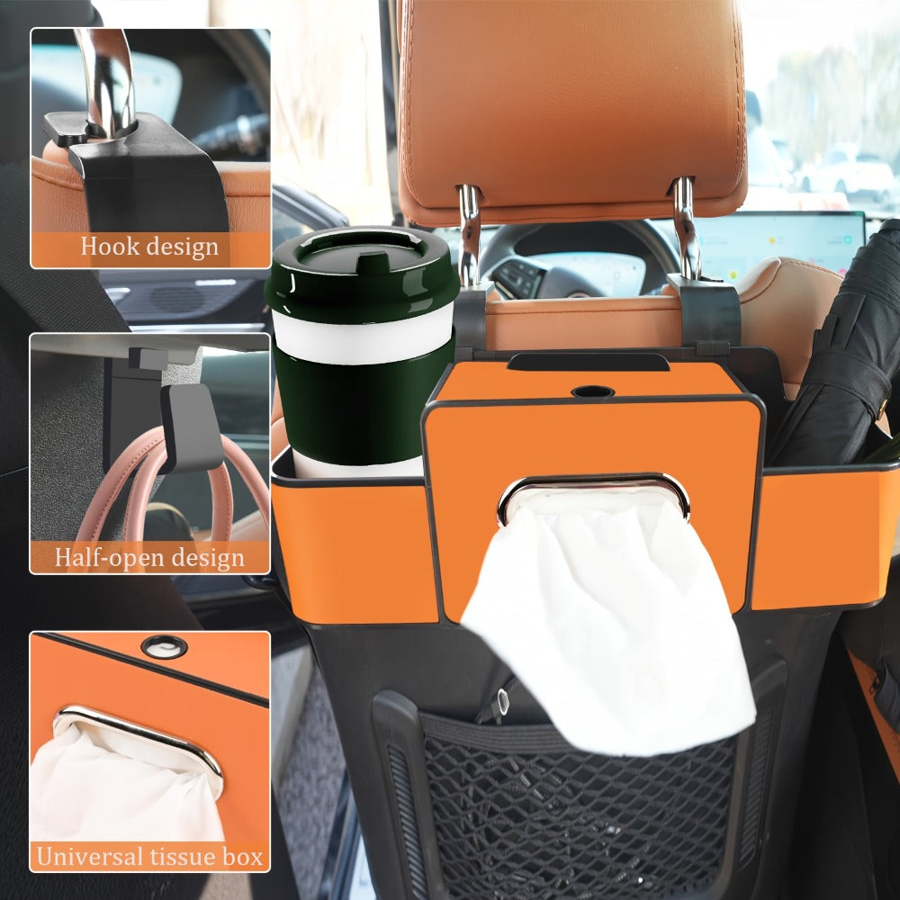Car Backseat Organizer with Dual Cup Holders, Tissue Box & Hooks – Multi-Function Back Seat Storage for SUV, Sedan & Minivan | Brown, Orange, Black, Cream