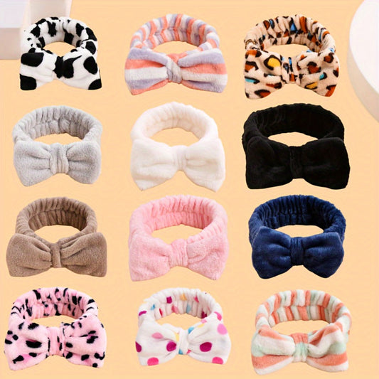 Bow Skincare Headbands for Women 6 Pack Patterned Soft Fabric Elastic Hair Bands for Makeup Spa Shower Face Washing Skincare Routine Beauty Accessory Gift Set for All Hair Types Teens Girls