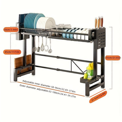 Expandable Over-Sink Dish Drying Rack with Single- or Double-Layer Black Frame and Adjustable Width