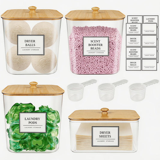 Laundry Pods Container & Dryer Sheet Holder Set with Bamboo Lids, Clear Laundry Room Organization Containers for Scent Booster, Powder, Pods – 3+1 Pack