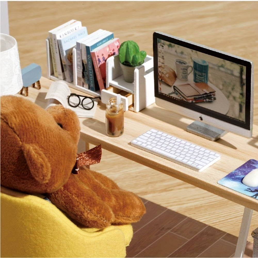Sunshine Study DIY Miniature Room Kit with Desk, Sofa, Guitar and Clear Display Cover for Adult Shelf Decor