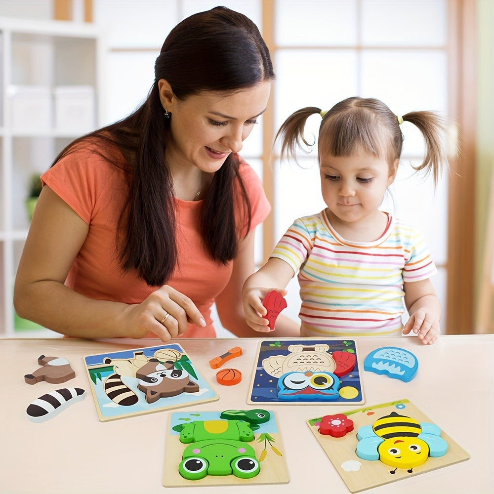Baby Animal Wooden Puzzles for Toddlers 8 Pack, Infant Learning Toy 12 Months+, Bear Bunny Owl Frog Bee Duck Moose Raccoon