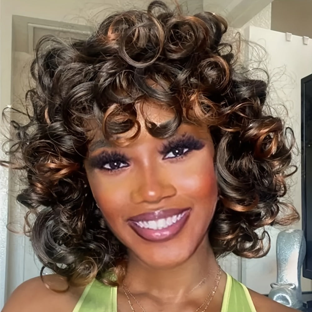 Kinky Curly Afro Wig with Bangs 14 Inch Synthetic Ombre 2 Tone Black Brown Golden Natural Volume | Daily Wear Hair Replacement Wig for Black Women