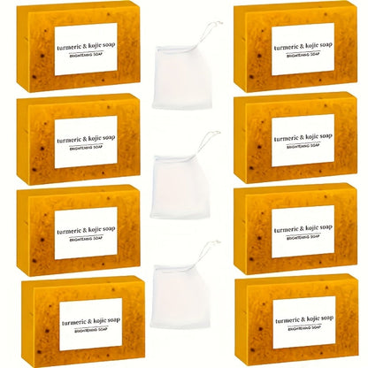 Kojic Acid Soap Set with Turmeric & Lemon – Handmade Cold-Processed Brightening Bars for Face & Body, Deep Cleansing & Hydrating, All Skin Types, Includes Foaming Net & Bath Tools