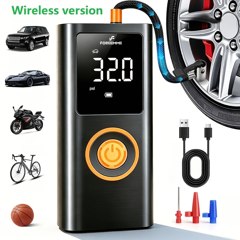 Cordless Tire Inflator Portable USB Rechargeable – Digital Gauge & LED Light, Fast Air Compressor with Auto Shutoff for Car, Bike, Motorcycle & Sports Equipment, Emergency Flat Tire Pump