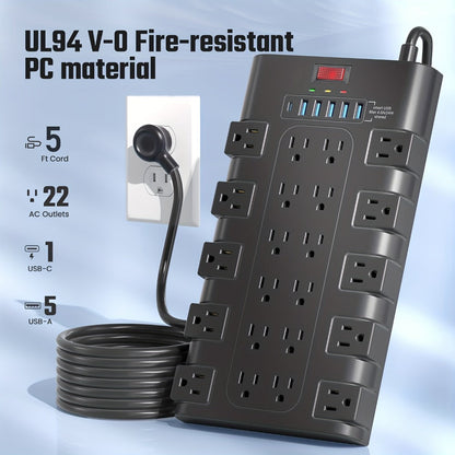 Surge Protector Power Strip 28-in-1 with 22 AC Outlets, 5 USB-A, 1 USB-C, 2100J Rating and 5 to 13 ft Cord Options