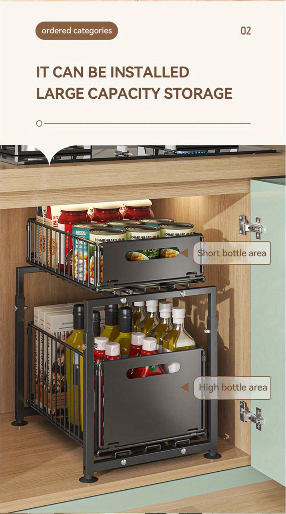 Under Sink Organizer 2-Tier Slide Out – Heavy Duty Metal Cabinet Shelf, Adjustable Space-Saving Storage Rack for Kitchen & Bathroom Cabinets, Pull Out Drawer Organizer