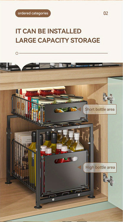 Under Sink Organizer 2-Tier Slide Out – Heavy Duty Metal Cabinet Shelf, Adjustable Space-Saving Storage Rack for Kitchen & Bathroom Cabinets, Pull Out Drawer Organizer