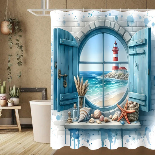 Lighthouse Shower Curtain Set with Ocean View Pattern – Nautical Bathroom Decor with Non-Slip Mat, Toilet Seat Cover & 12 Hooks for Apartment Hotel