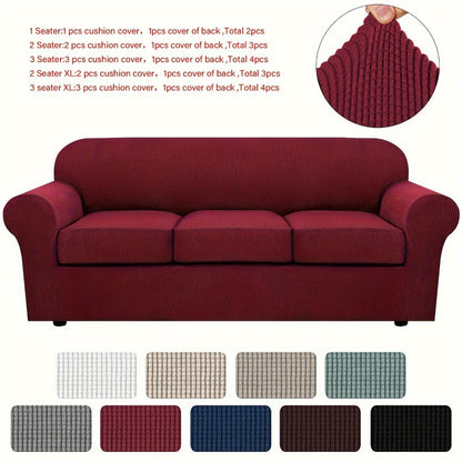 Sofa Cover Grid Jacquard Elastic Full-Cover Slipcover with Anti-Slip Fit for 1 to 3 Seats and XL Sofas