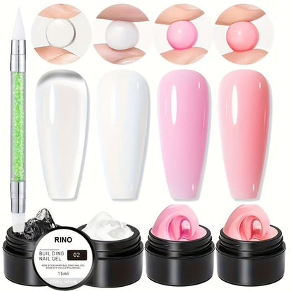 RINO 3D Nail Sculpture Kit 5pcs – Solid Builder Gel with Rhinestone Gel Molding Gel Flower Molds & Sculpting Brush, Clear Nude Hard Gel Extension for 3D Floral Nail Art, Home & Salon Women Beginners