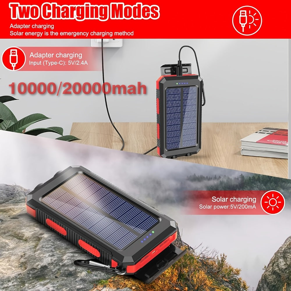 Solar Power Bank 20000mAh Outdoor Portable Charger with LED Flashlight SOS Compass & Carabiner Hook – Dual USB Waterproof Battery Pack for Camping Hiking Backpacking Emergency Survival Gear Gift