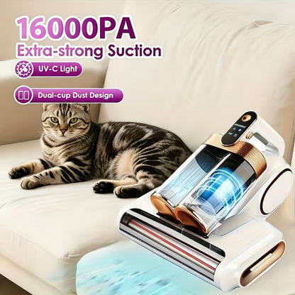 Mattress Vacuum Cleaner Handheld 16kPa Suction with UV Lamp & 80000RPM Soundwave Technology - Portable Dual Cup Bed Vacuum for Dust Mites, Allergens on Mattress, Fabric Sofa & Carpet, Purple & White
