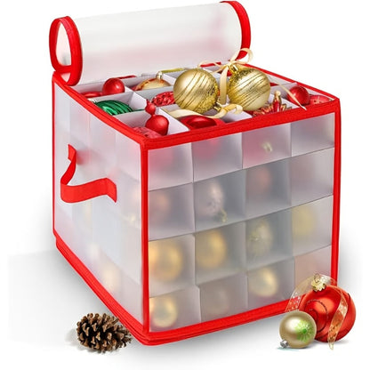 Christmas Ornament Storage Box, Holds Up to 64 Holiday Ornaments, Adjustable Dividers, Covered Lid & Dual Handles