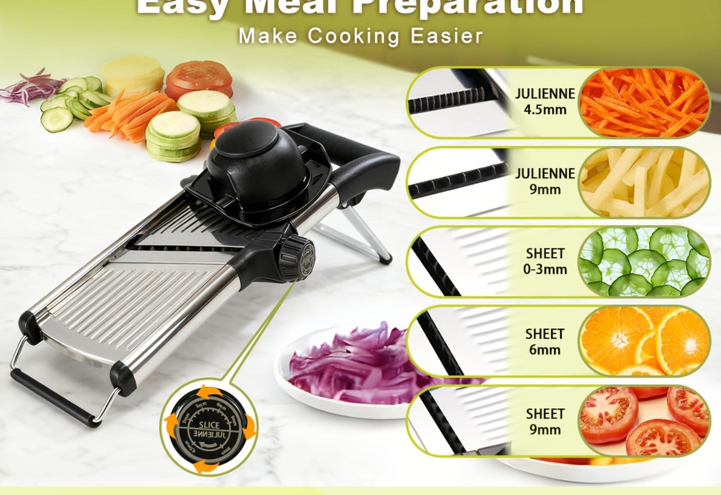 Adjustable Mandoline Slicer with Five Thickness Settings, Hand Guard and Optional Protective Gloves
