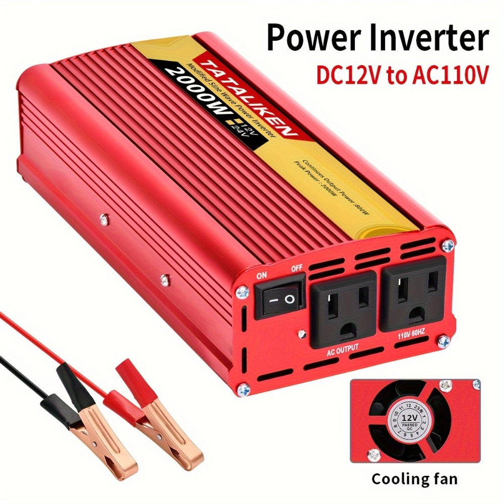 2000W Power Inverter DC 12V to AC 110V - US Socket Car Converter with Cooling Fan & Overload Protection | Road Trips, Camping & Emergency Use