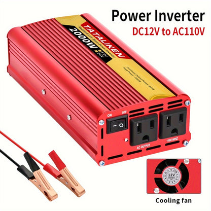 2000W Power Inverter DC 12V to AC 110V - US Socket Car Converter with Cooling Fan & Overload Protection | Road Trips, Camping & Emergency Use