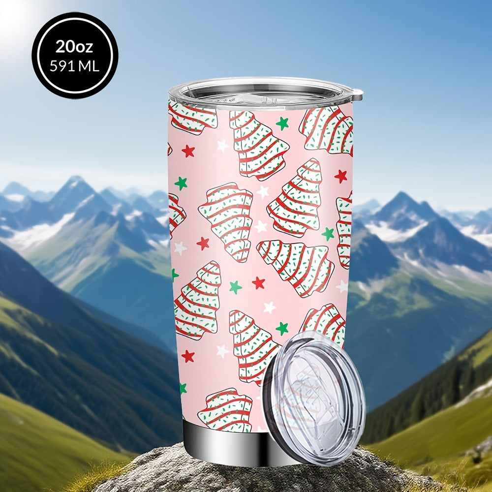 Insulated Tumbler 20oz Christmas Tree Cookie Graphic in Pink Stainless Steel with Lid and Straw