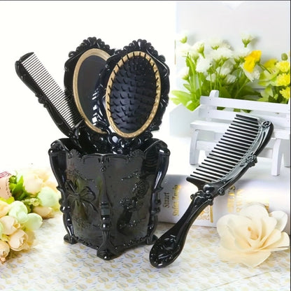 Retro Hair Comb Set with Mirror Scalp Massage Hairbrush Pocket Mirror Vintage Vanity Brush Set for Women Girls Travel Daily Grooming Makeup Gift Black