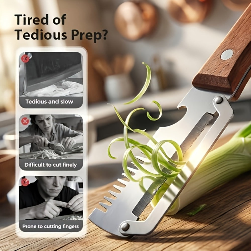 Two-Piece Zhoshuai Vegetable Peeler Set with Wood Handles, Scallion Comb and Bottle-Opening Cutout