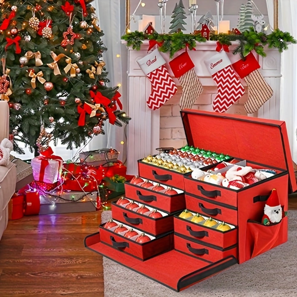 Christmas Ornament Storage Box with 128 Compartments, Eight Removable Trays and Red or Green Color Options