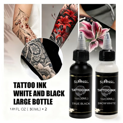 Tattoo Ink Black & White Set 1.01oz — High Brightness Fine Particle Formula, Permanent Body Ink, Needle & Machine Compatible for Professional Studios & Hobbyists