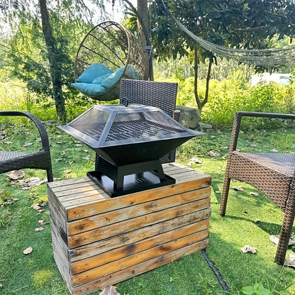 18.5-Inch Black Square Fire Pit and Grill with Mesh Pyramid Cover, Cooking Grate and Long Poker