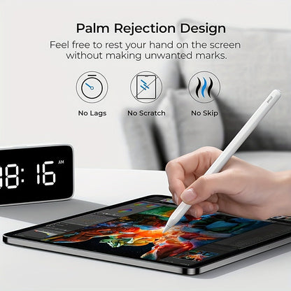 White Active Stylus Pen for Listed 2018-and-Later iPad Models with Tilt Response, Palm Rejection and Dual Charging
