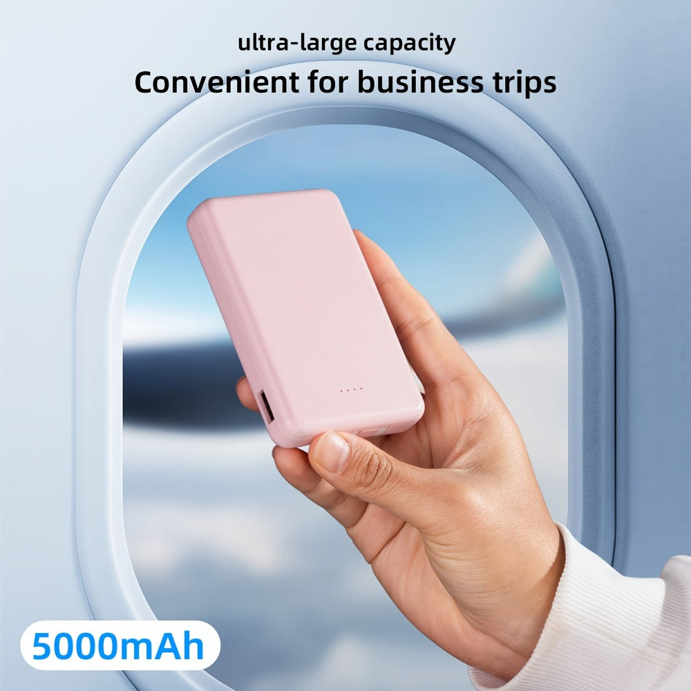 Slim Power Bank 5000mAh / 10000mAh with Built-in USB-C Cable, Charges 4 Devices Simultaneously, LED Indicator – Ultra-Compact Portable Charger for iPhone, Android, Travel, Everyday Carry