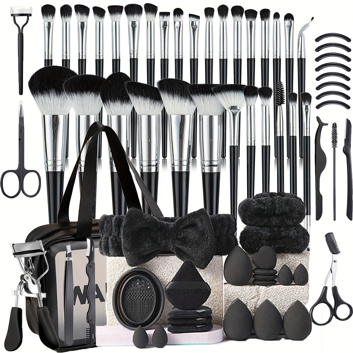 Sixty-Eight-Piece Makeup Tool Set with Black Brushes, Eyelash Accessories, Wash Bowl and Carry Bag