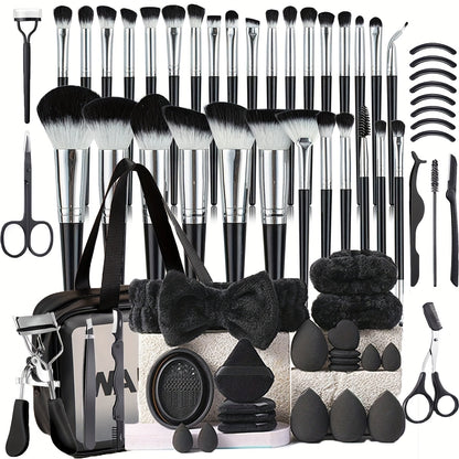 Sixty-Eight-Piece Makeup Tool Set with Black Brushes, Eyelash Accessories, Wash Bowl and Carry Bag