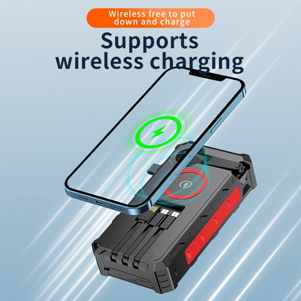 Solar Power Bank, 30000mAh Hand-Crank and Solar Charger with Wireless Pad, Three Built-In Cables and Seven Outputs