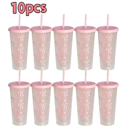 Reusable Party Cups 24 oz with Lids Straws and Dust Covers - BPA Free PP Plastic Tumblers Bulk Set 10 or 20 Pack for Parties Camping Office Gifts Pink Blue
