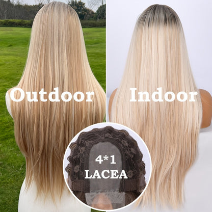 U Part Lace Front Bob Wig 4x1 Glueless Rose Net Cap Middle Part Natural Hairline Synthetic Wig for Women 14 Inch Brown Highlights Milky White Black Pink