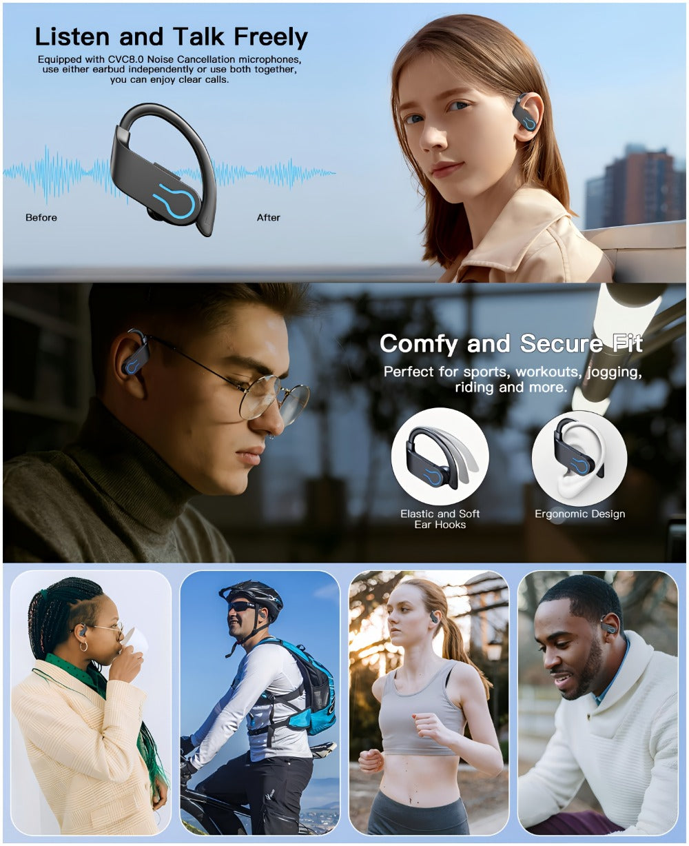 Wireless Earbuds TWS Earhooks with Semi-Open Back, ENC Calls, LED Case and Touch Volume in Two Colors