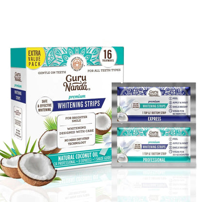 Hydrogen Peroxide Whitening Strips 16 Treatments — Non-Slip Dry Strip Technology, Coconut Extract, 12 Professional + 4 Express Sessions, Vegan, FDA-Registered, Removes Coffee & Wine Stains
