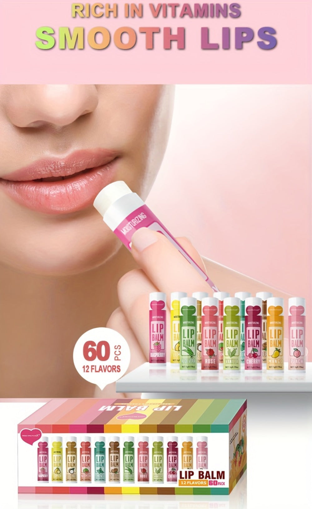 60-Piece Tube Lip Balm Set with 12 Pictured Flavor Labels in a Multicolor Display Box Assortment