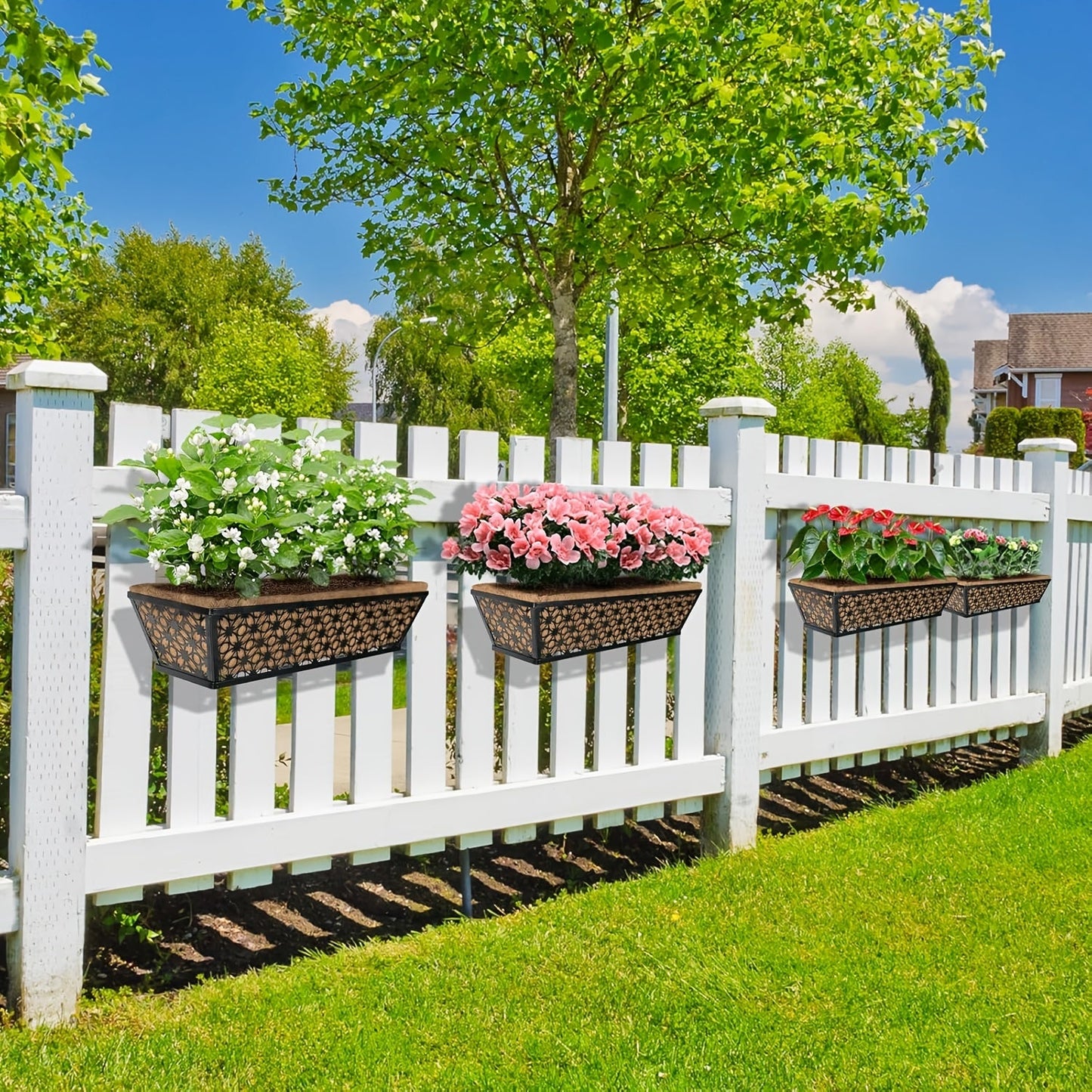 Two-Set Dark Window Box Planter Pair with Pictured Coco-Look Liners and Adjustable Railing Brackets