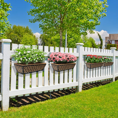 Two-Set Dark Window Box Planter Pair with Pictured Coco-Look Liners and Adjustable Railing Brackets