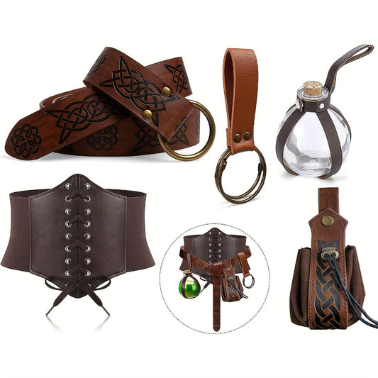 Medieval Costume Accessories Set 5-Piece – Corset Belt, Renaissance Belt Bag, Cork Potion Bottle & More for Halloween, Renaissance Faire, LARP & Cosplay, Unisex Adult Outfit Kit, Black & Brown