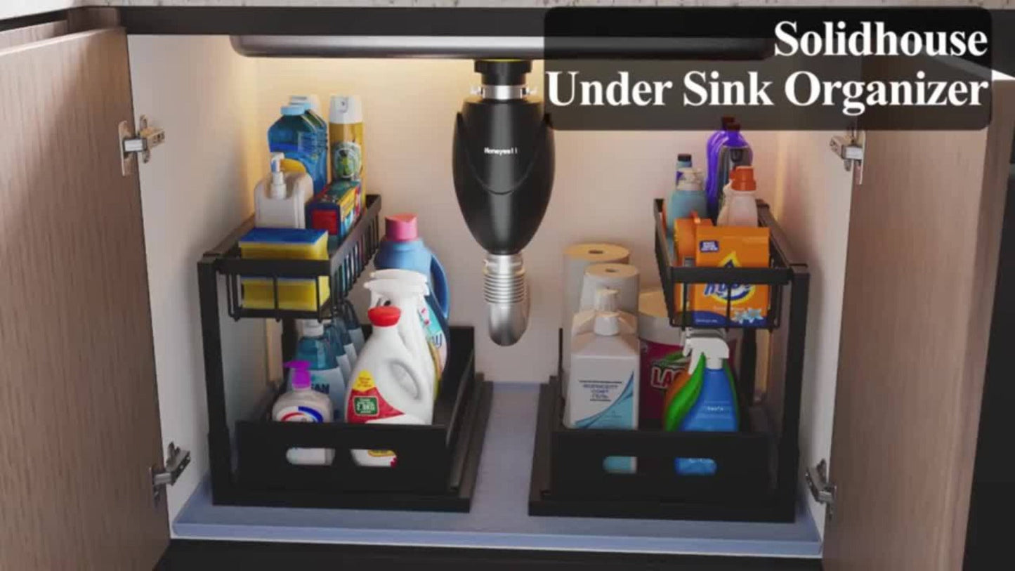 Two-Tier Under-Sink Organizer with Lower Sliding Basket, Four Removable Hooks and One Hanging Cup
