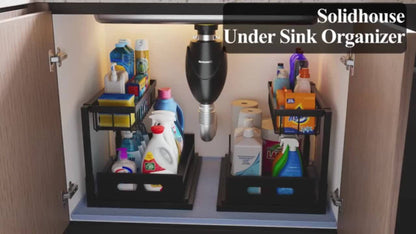 Two-Tier Under-Sink Organizer with Lower Sliding Basket, Four Removable Hooks and One Hanging Cup
