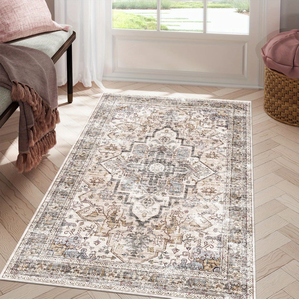 Area Rug Bohemian Retro Design in Beige or Grey with Six Foldable Machine-Washable Room Sizes