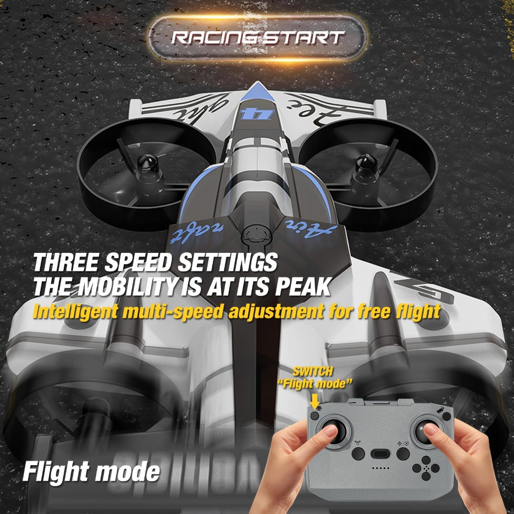 Two-in-One RC Drone and Ground Car with White Body, Two Batteries and Propeller Guards for Indoor Play