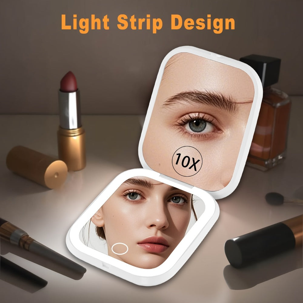 Compact Makeup Mirror with Light 10X Magnification, Rechargeable LED Pocket Mirror 3 Color Modes Adjustable Brightness 2-Sided Folding Purse Mirror for Women Travel Daily Use, Beauty Gift for Mom