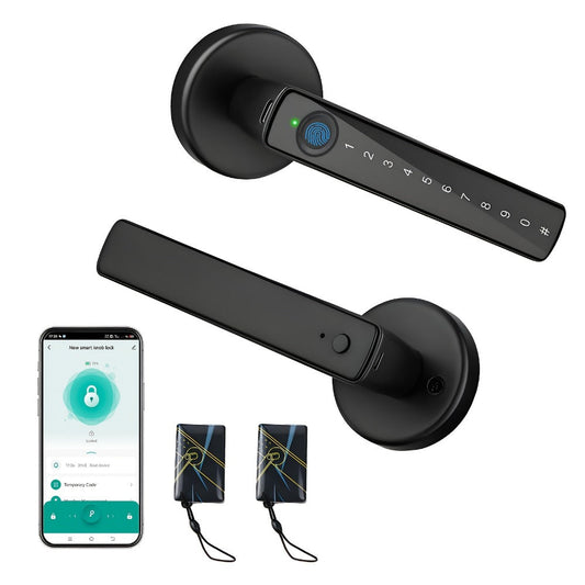 Smart Door Lock Handle with Fingerprint, PIN, IC Card and Key, 4 AAA Power and USB-C Emergency Port