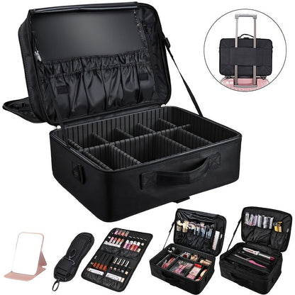 Black 15.8-Inch Soft Makeup Train Case with Three-Layer Interior, Brush Panel and Shoulder Strap