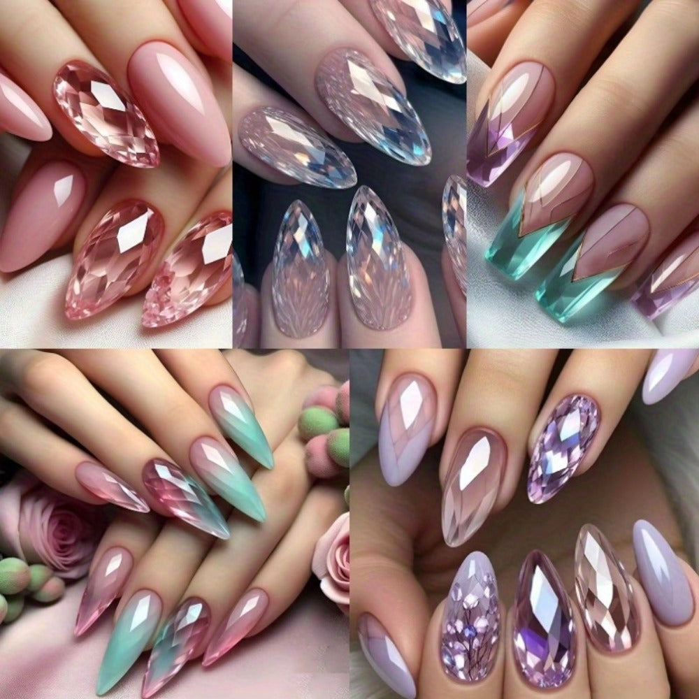Holographic Nails 120 Pieces 5 Packs Medium Almond Press On Nails Gradient Iridescent – Mixed Color Orange Tones Full Cover Fake Nails Kit with Jelly Glue & Nail File for Women Girls