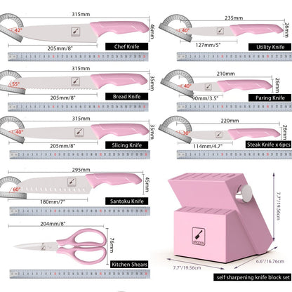 Kitchen Knife Set by imarku, 14-Piece Pink Stainless Steel Block with Six Steak Knives, Shears and Built-In Sharpener